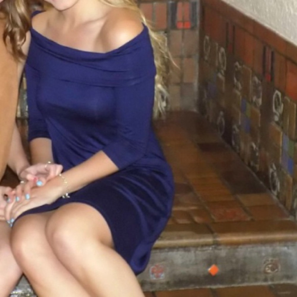 off the shoulder blue dress